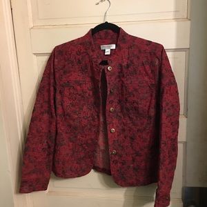 Vtg red gray petite medium jacket blazer jacquard Christopher Banks beautiful